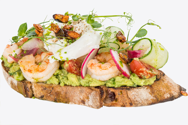 Photo Dish Avocado toast with shrimp