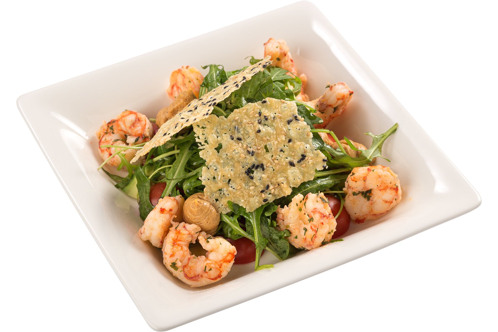 Photo Dish Salad with shrimp, arugula and avocado