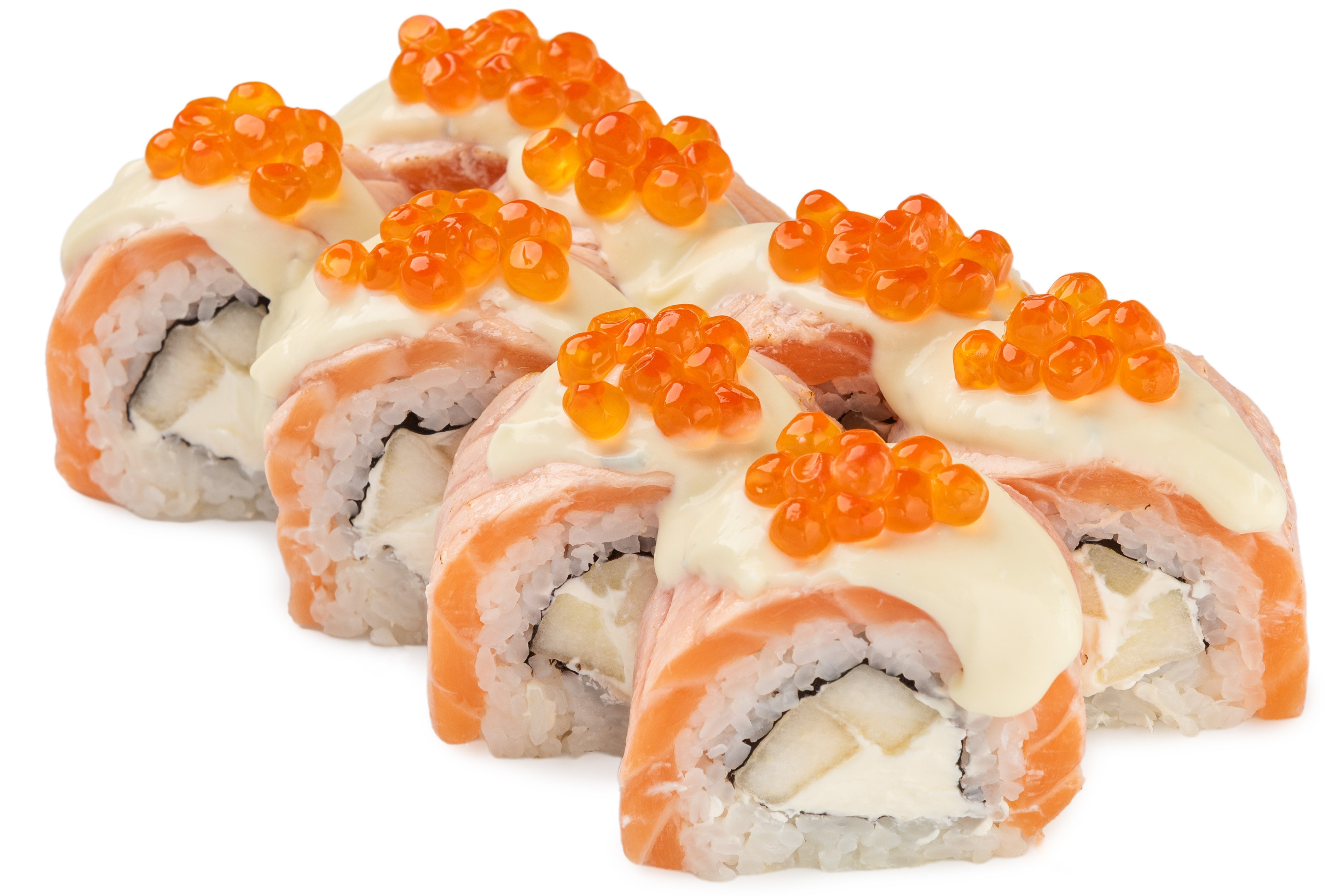 Фото Блюдо Ролл Филадельфия красная икра и лосось гриль и грушей под соусом дор блю